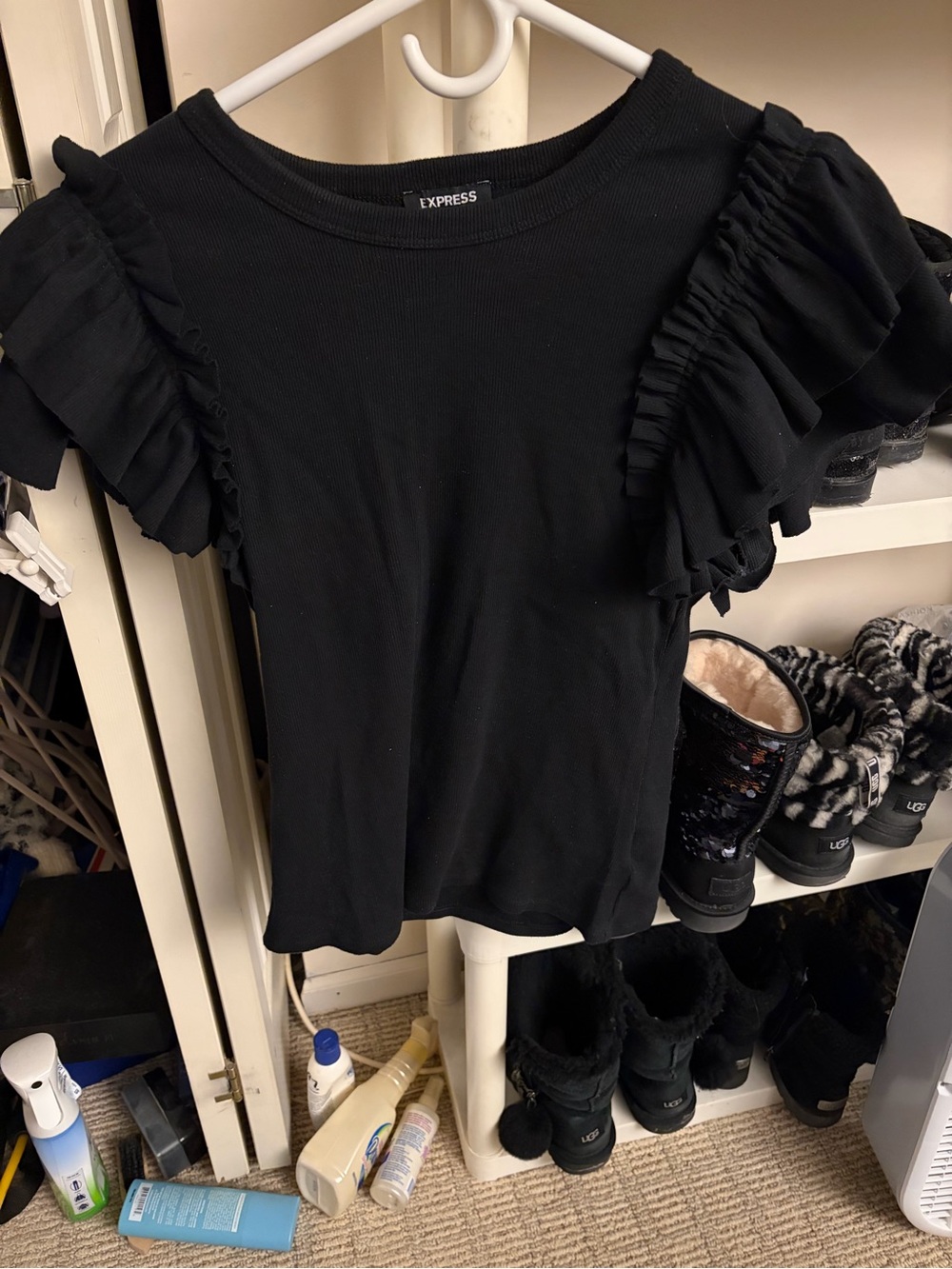 Express Black Ruffle Sleeve Short Sleeve Tee